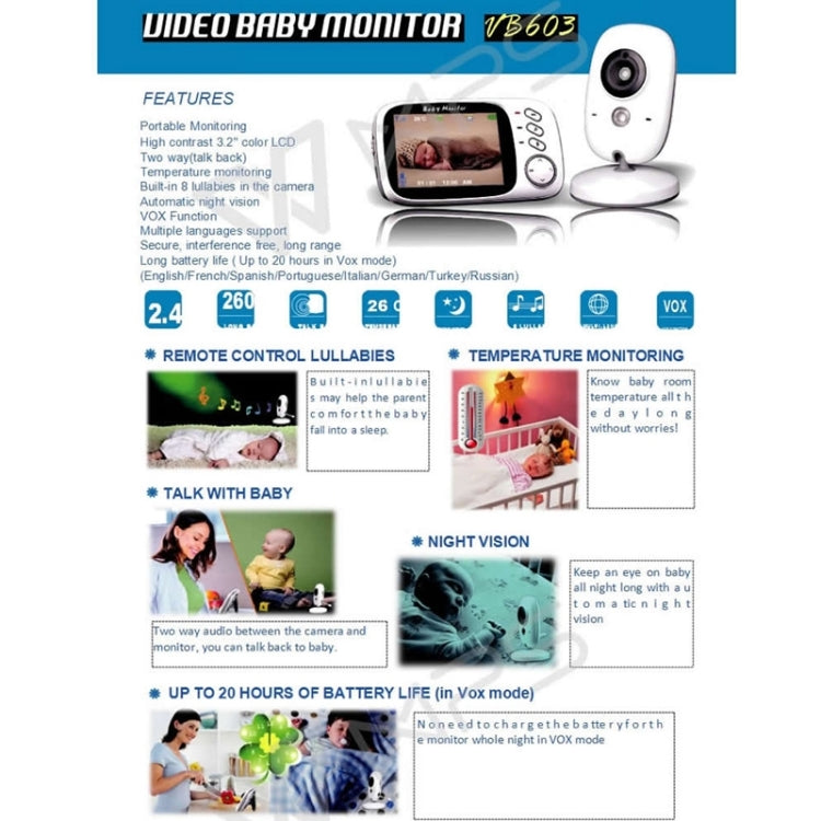 VB603 3.2 inch LCD 2.4GHz Wireless Surveillance Camera Baby Monitor, Support Two Way Talk Back, Night Vision, VB603 VB603 3.2 inch LCD 2.4GHz Wireless Surveillance Camera Baby Monitor, Support Two Way Talk Back, Night Vision, VB603